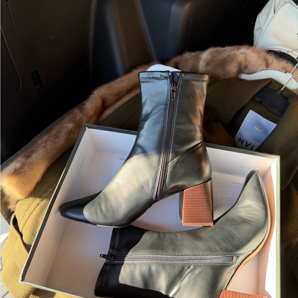 Anthropologie Black Ankle Boots with Brown Heel